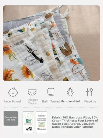 Négy réteg géz bébi négyzet alakú törölköző – 70% bambuszrost, 30% gyapot; nedvszívó.