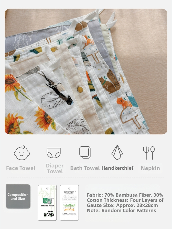 Négy réteg géz bébi négyzet alakú törölköző – 70% bambuszrost, 30% gyapot; nedvszívó.