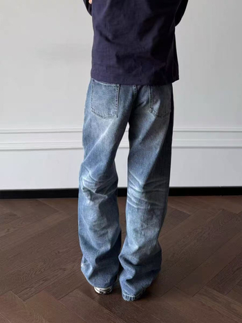 Muške traperice od denima s vintage američkim stilom, ravni kroj, 100% pamuk, srednji struk, višestruki džepovi