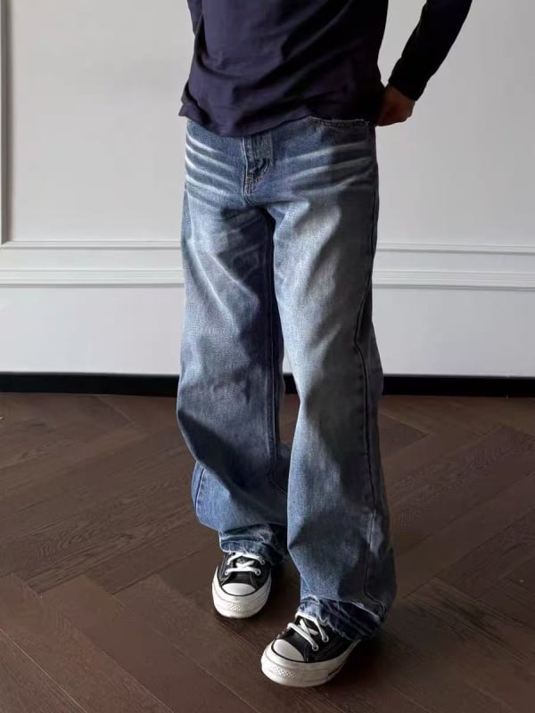 Muške traperice od denima s vintage američkim stilom, ravni kroj, 100% pamuk, srednji struk, višestruki džepovi