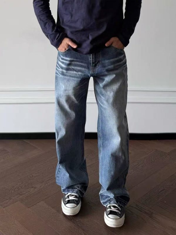 Muške traperice od denima s vintage američkim stilom, ravni kroj, 100% pamuk, srednji struk, višestruki džepovi