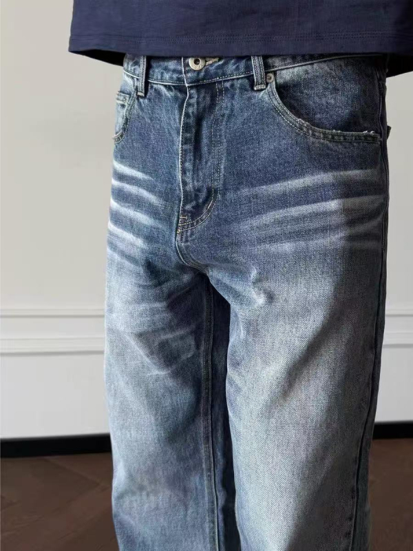 Muške traperice od denima s vintage američkim stilom, ravni kroj, 100% pamuk, srednji struk, višestruki džepovi