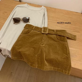 Corduroy suknja visokog struka s kaišem, mikroelastičnost, minimalistički stil japansko-korejskog ležernog stila