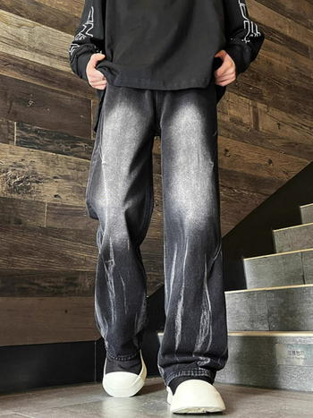 Jeansi în stil american retro cu tie-dye, croială lejeră, talie medie, închidere cu nasturi, bumbac 45–65%