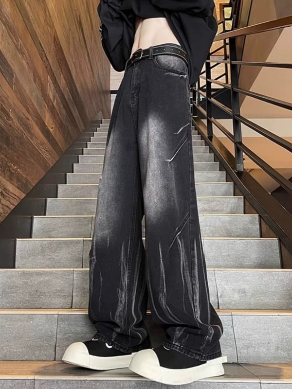 Jeansi în stil american retro cu tie-dye, croială lejeră, talie medie, închidere cu nasturi, bumbac 45–65%