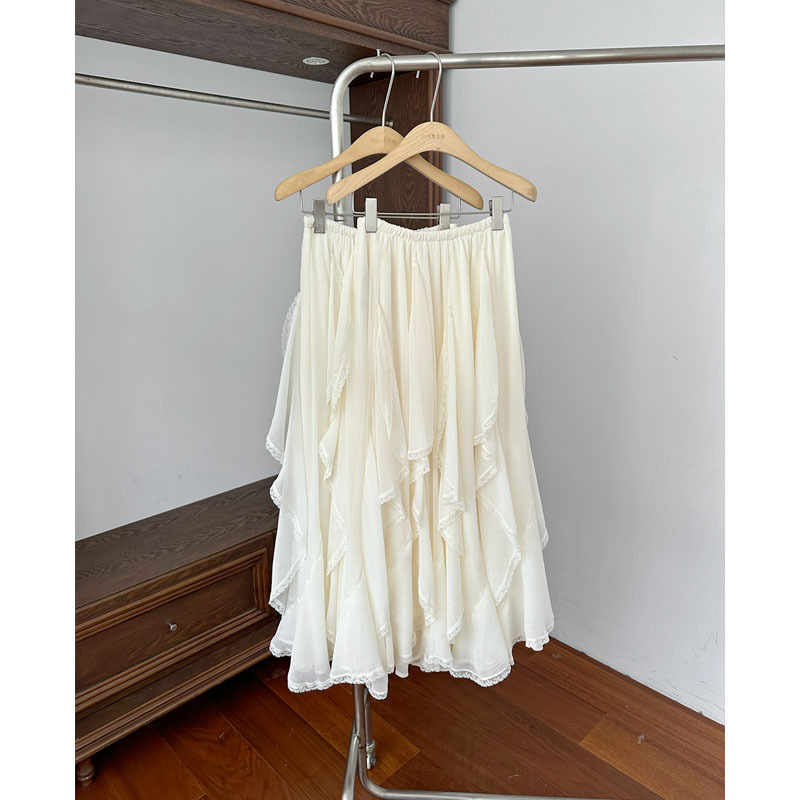 Fustă lungă în formă de lotus, insertie de dantelă neregulată-volan, design prin îmbinare, poliester