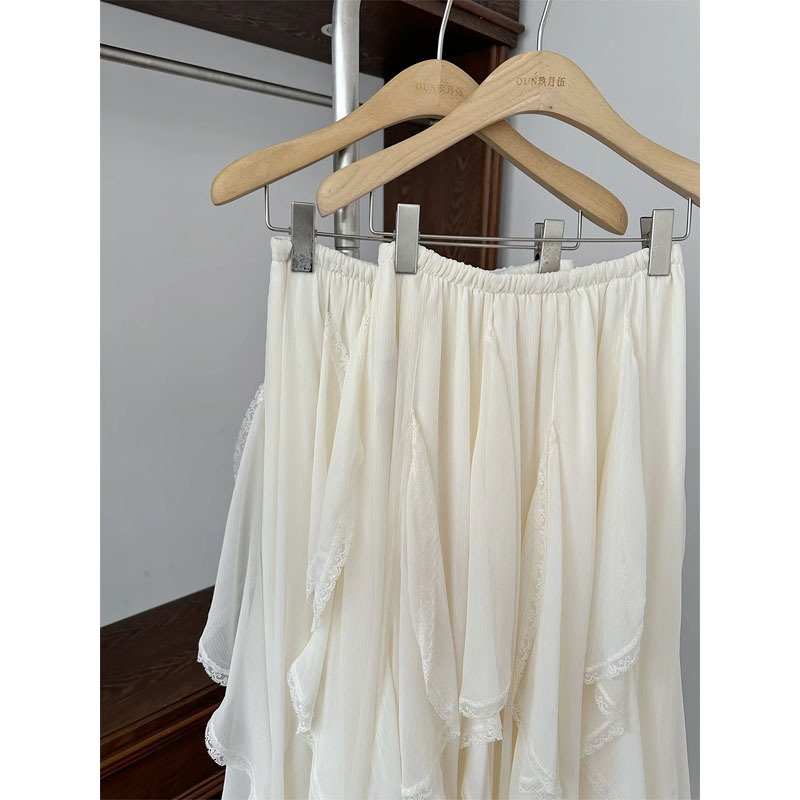 Fustă lungă în formă de lotus, insertie de dantelă neregulată-volan, design prin îmbinare, poliester