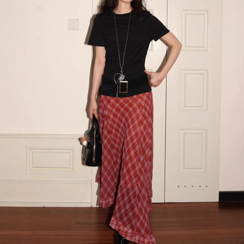 Fustă midi din chiffon, carouri, talie medie, tiv neregulat