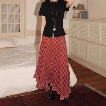 Fustă midi din chiffon, carouri, talie medie, tiv neregulat