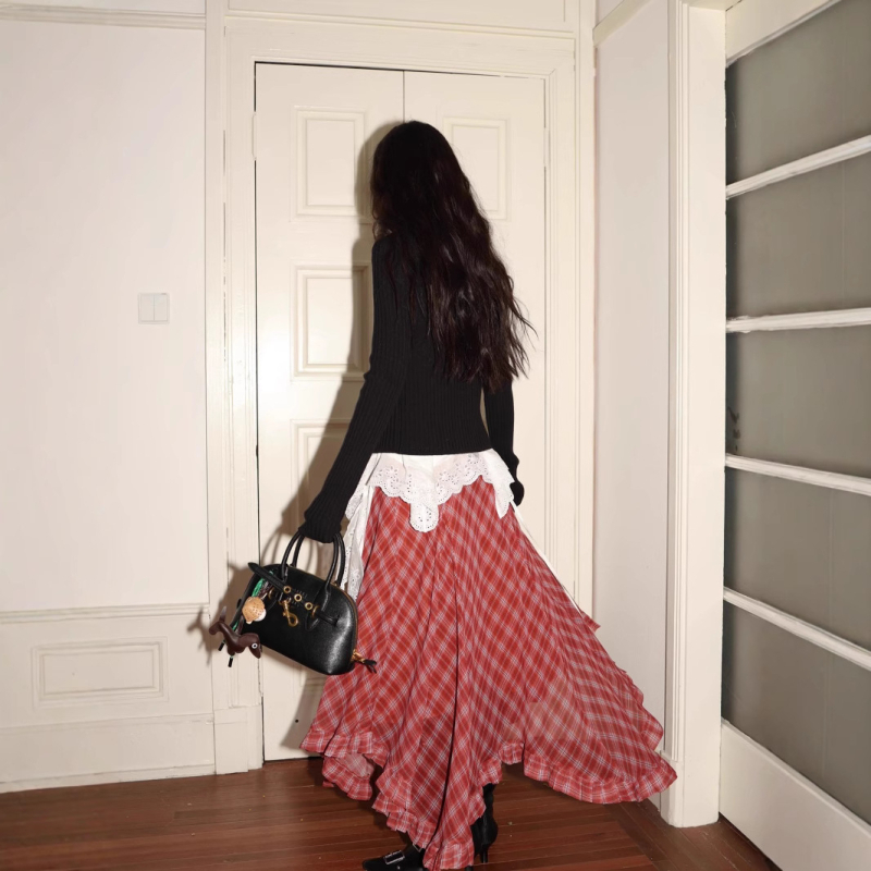 Fustă midi din chiffon, carouri, talie medie, tiv neregulat