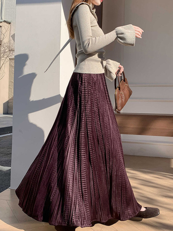 Fustă A-line din catifea, talie înaltă, plisată, 50–70% poliester, iarna 2025