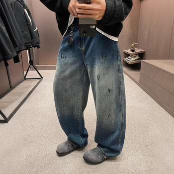 Muške traperice plave retro boje, otisnute i obojane, zimski casual stil, široki kroj