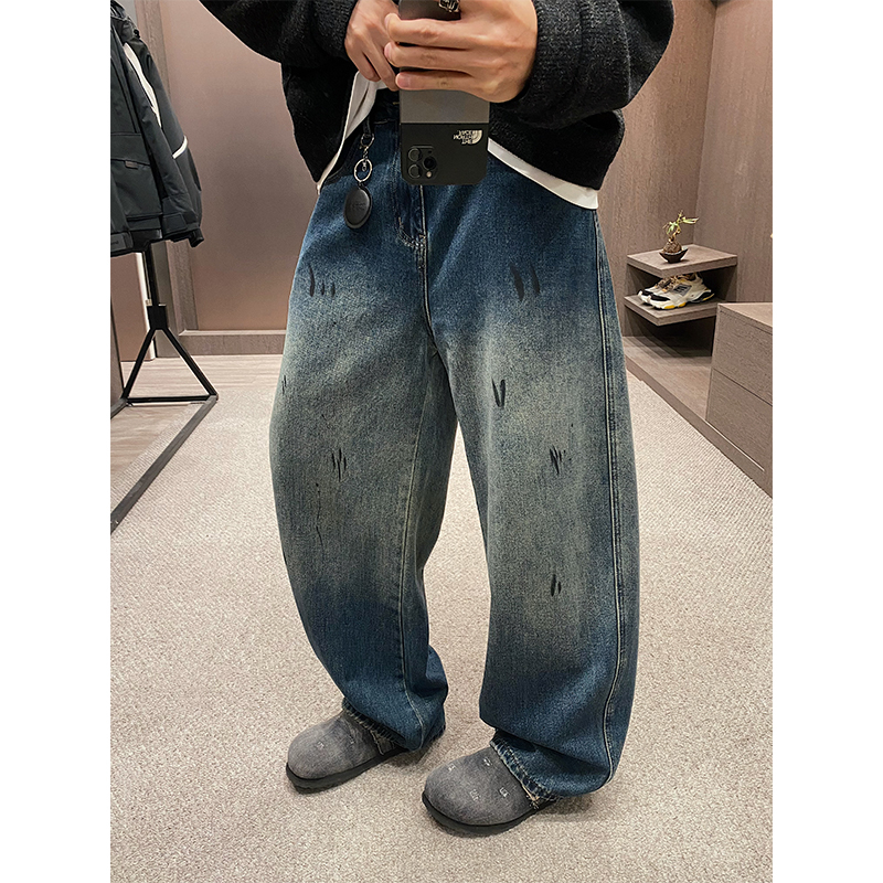 Muške traperice plave retro boje, otisnute i obojane, zimski casual stil, široki kroj