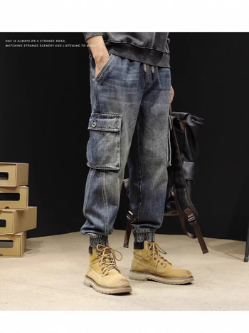 Blugi bărbați, croială dreaptă, denim din bumbac 65%, talie medie, buzunare multiple, potriviți pentru toate anotimpurile