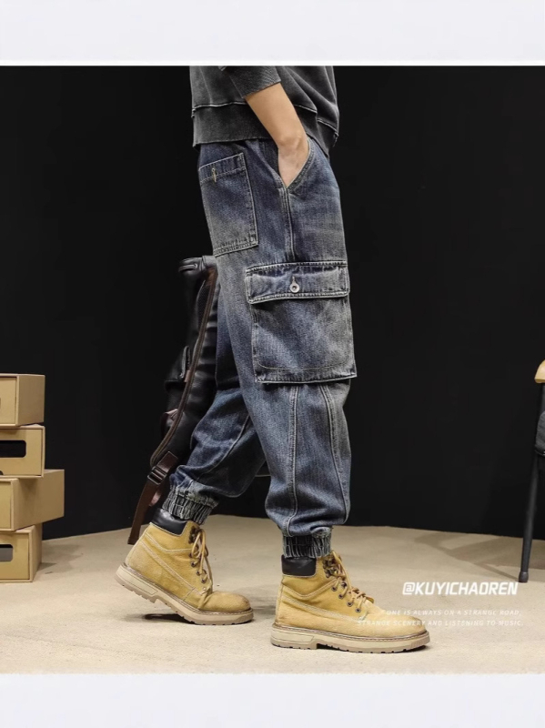 Blugi bărbați, croială dreaptă, denim din bumbac 65%, talie medie, buzunare multiple, potriviți pentru toate anotimpurile