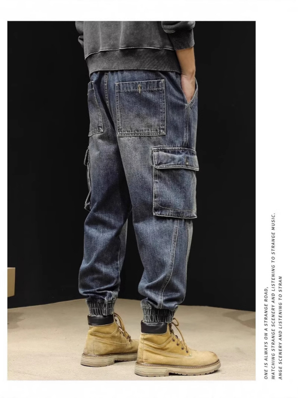 Blugi bărbați, croială dreaptă, denim din bumbac 65%, talie medie, buzunare multiple, potriviți pentru toate anotimpurile