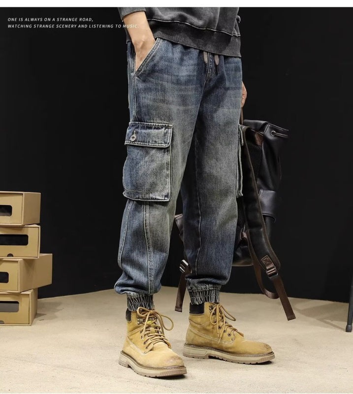 Blugi bărbați, croială dreaptă, denim din bumbac 65%, talie medie, buzunare multiple, potriviți pentru toate anotimpurile