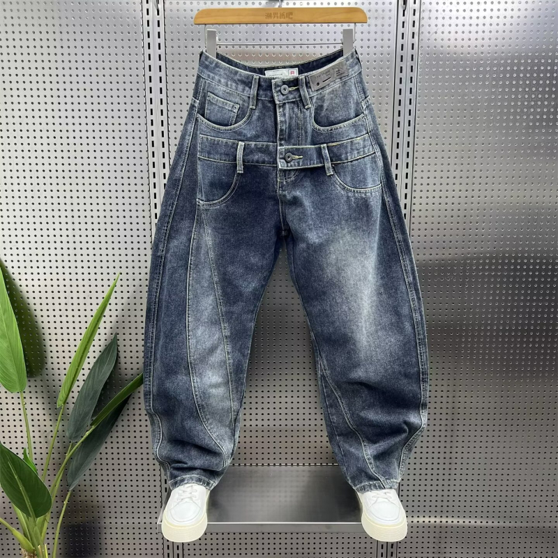 Muške traperice u američkom stilu s izblijedjelim vintage efektom, ravni kroj, visoki struk, zip, gusta tkanina, ručna obrada