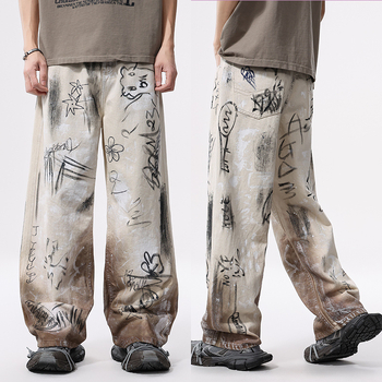 Blugi cu design graffiti, croială straight, talie medie, bumbac 100%, finisaj spălat