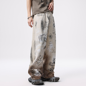 Blugi cu design graffiti, croială straight, talie medie, bumbac 100%, finisaj spălat