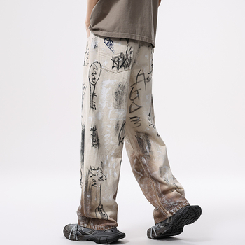 Blugi cu design graffiti, croială straight, talie medie, bumbac 100%, finisaj spălat