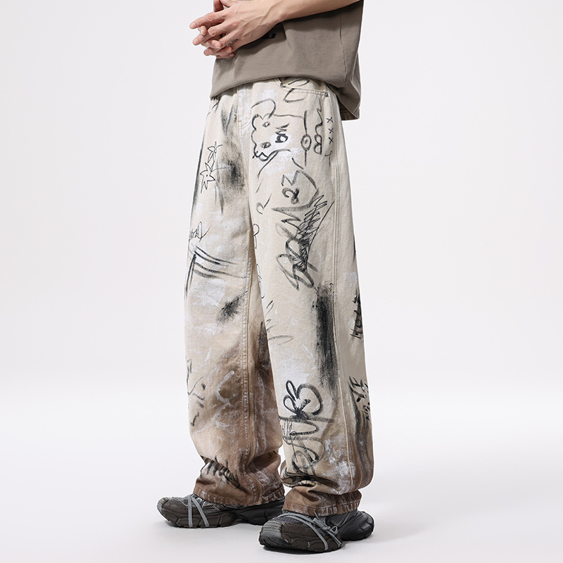 Blugi cu design graffiti, croială straight, talie medie, bumbac 100%, finisaj spălat