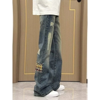 Muške traperice od denima s etničkim patchworkom, ravne nogavice, srednji pojas, zatvarač na gumbe, 60% pamuk