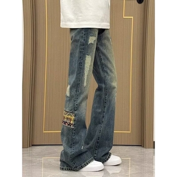 Muške traperice od denima s etničkim patchworkom, ravne nogavice, srednji pojas, zatvarač na gumbe, 60% pamuk