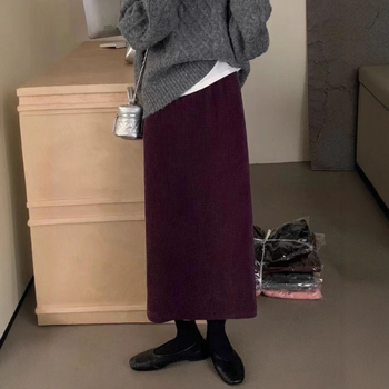 Kordurova midi suknja s raskopom - visokim strukom, elastični pojas, casual japansko-korejski stil