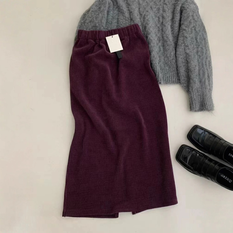 Kordurova midi suknja s raskopom - visokim strukom, elastični pojas, casual japansko-korejski stil