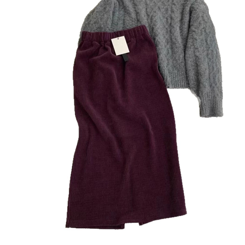 Kordurova midi suknja s raskopom - visokim strukom, elastični pojas, casual japansko-korejski stil