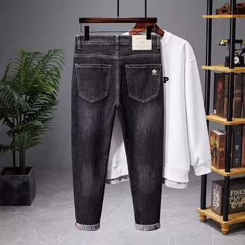 Jeansi bărbați în stil coreean, croială conică, talie medie, din bumbac, microelasticitate