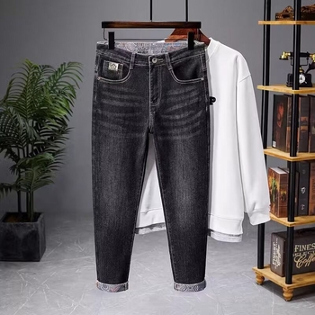 Jeansi bărbați în stil coreean, croială conică, talie medie, din bumbac, microelasticitate