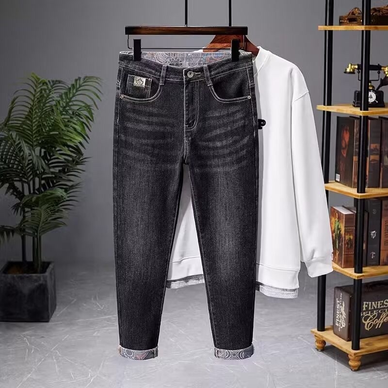 Jeansi bărbați în stil coreean, croială conică, talie medie, din bumbac, microelasticitate