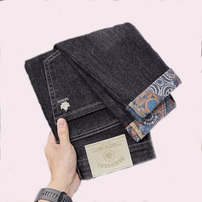 Jeansi bărbați în stil coreean, croială conică, talie medie, din bumbac, microelasticitate