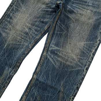 Blugi drepti, denim din bumbac 100%, spălați și uzură cu patch-uri, talie medie, fermoar