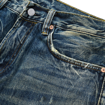 Blugi drepti, denim din bumbac 100%, spălați și uzură cu patch-uri, talie medie, fermoar