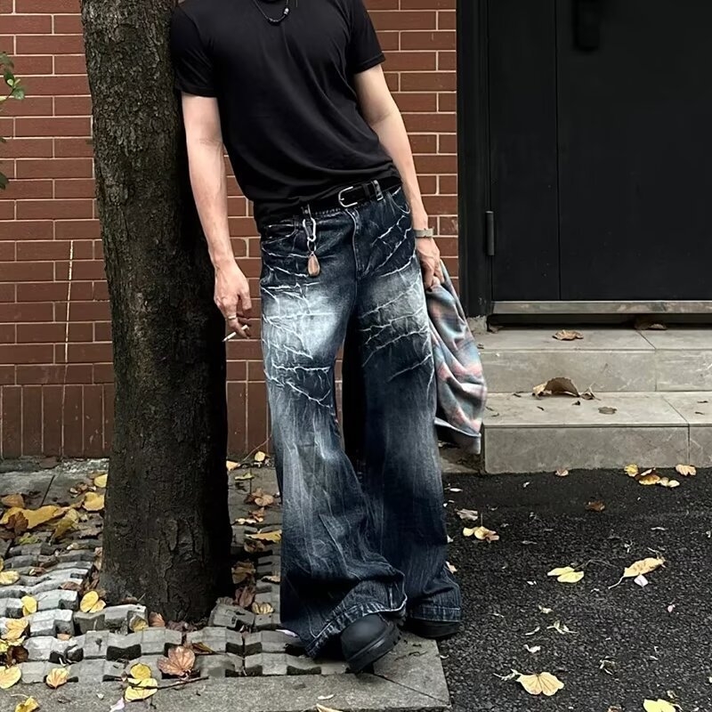 Vintage traperice za muškarce - ravni kroj, srednji porast, zip, pamuk Cowboy tkanina