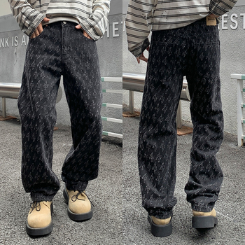 Blugi bărbați drepti, denim din bumbac, talie medie, închidere cu nasturi