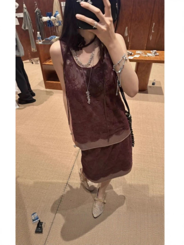 Bez rukava top od čipke s vrpcom i suknja od čipke s kristalima (Jesen 2025, srednja duljina, japansko-korejski ležerni stil, jednostavan stil, bez elastičnosti)