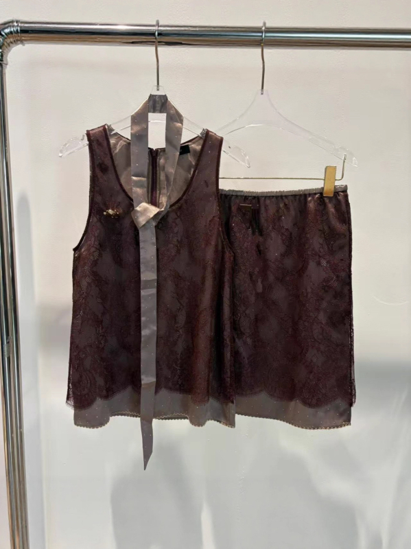 Bez rukava top od čipke s vrpcom i suknja od čipke s kristalima (Jesen 2025, srednja duljina, japansko-korejski ležerni stil, jednostavan stil, bez elastičnosti)