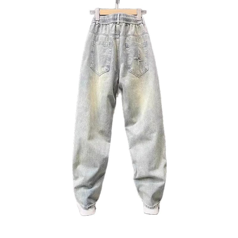 Muške traperice korejskog stila, ravne nogavice, ležernog kroja, vintage izgrebane s patch detaljima, 60% pamuk, mikroelastičnost, srednji struk, kopčanje s vezicom, za sve sezone