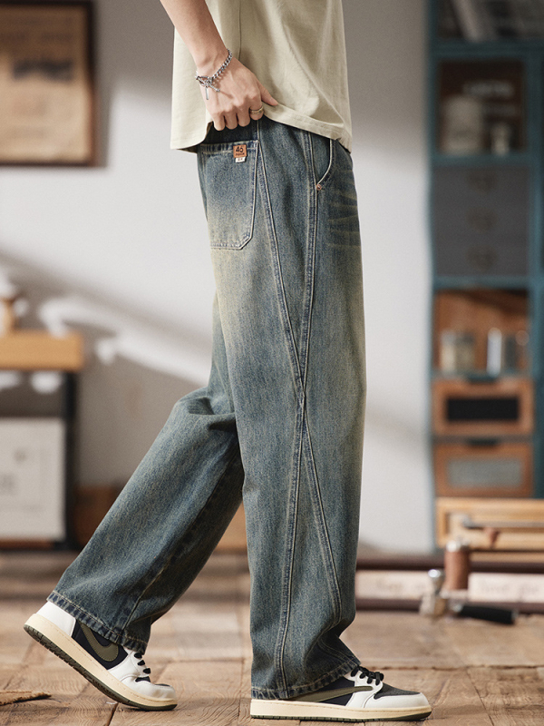 Jeansi bărbătești cu croială dreaptă, lejeră, talie medie, închidere cu fermoar, spălați cu detalii retro