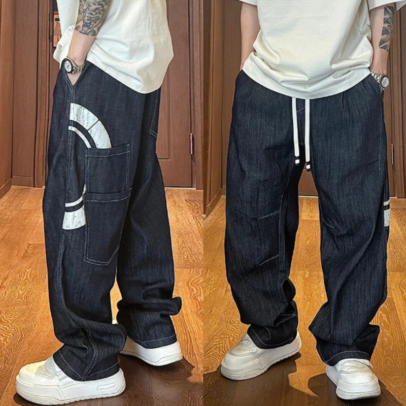 Traperice – ravne nogavice, srednje visoki struk, otisak s više džepova, ručno crtani dizajn na Modal-polyester tkanini, mikroelastičnost