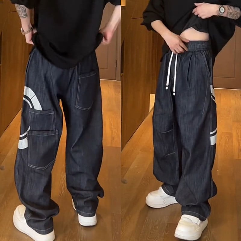 Traperice – ravne nogavice, srednje visoki struk, otisak s više džepova, ručno crtani dizajn na Modal-polyester tkanini, mikroelastičnost