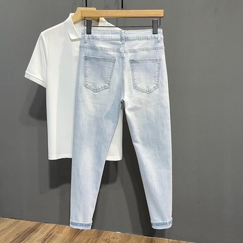 Blugi, stil coreean, croi drept, lungime cropped, talie medie, spălare