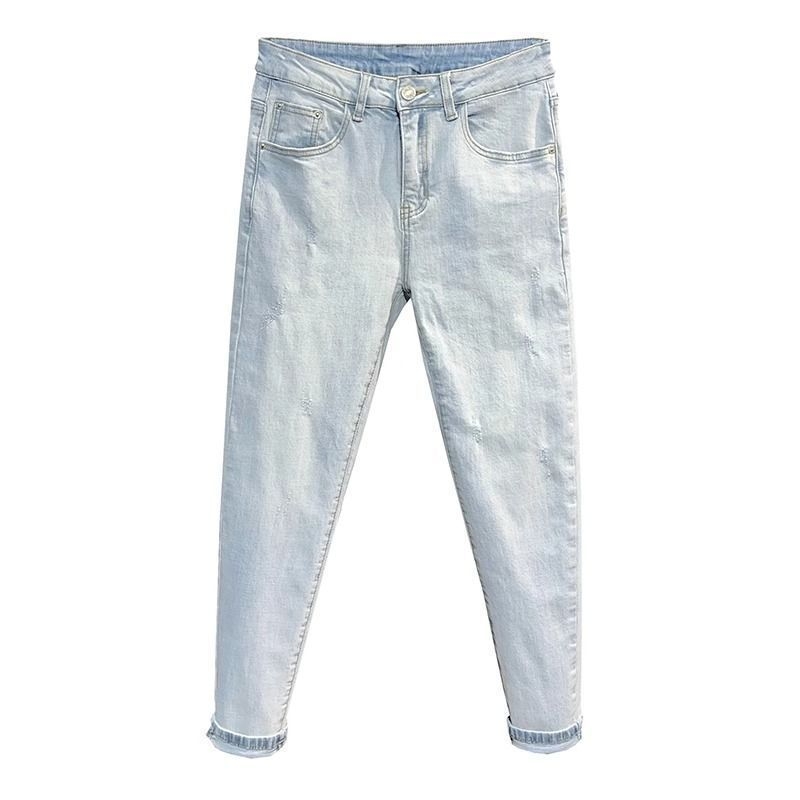 Blugi, stil coreean, croi drept, lungime cropped, talie medie, spălare