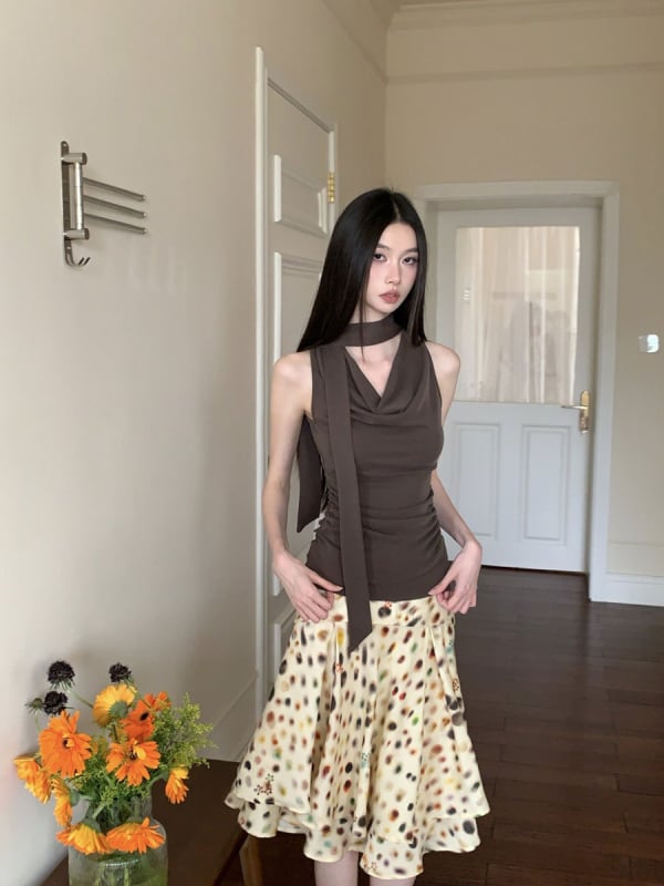 Suknja A-linije, srednje duljine, iluzivni točkasti print, pamukasto‑mješavina tkanine, visok pojas