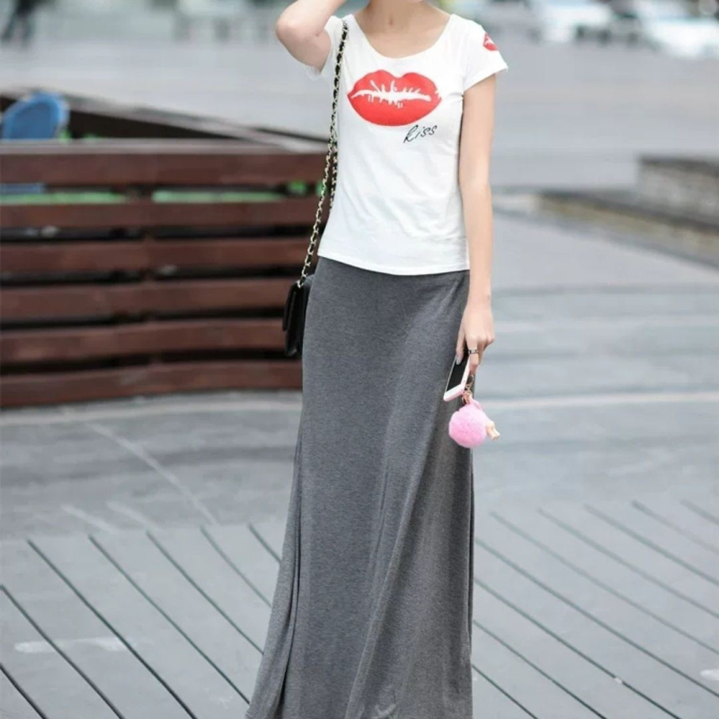 Modalna A-linijska midi suknja, 90-95% modal, Spandex <30%, casual stil