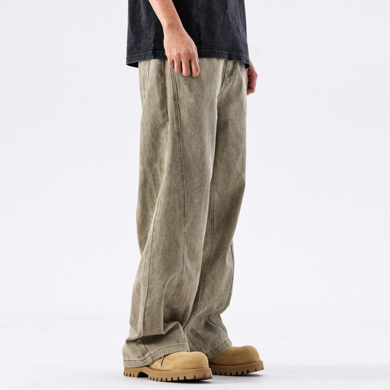 Мъжки дънки от памук деним, свободен прав силует, средна талия, копчета отпред, есен 2025